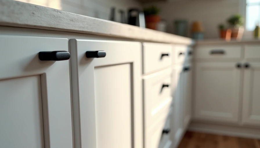 Installed flat panel white cabinet door with matte black pull in finished kitchen setting
