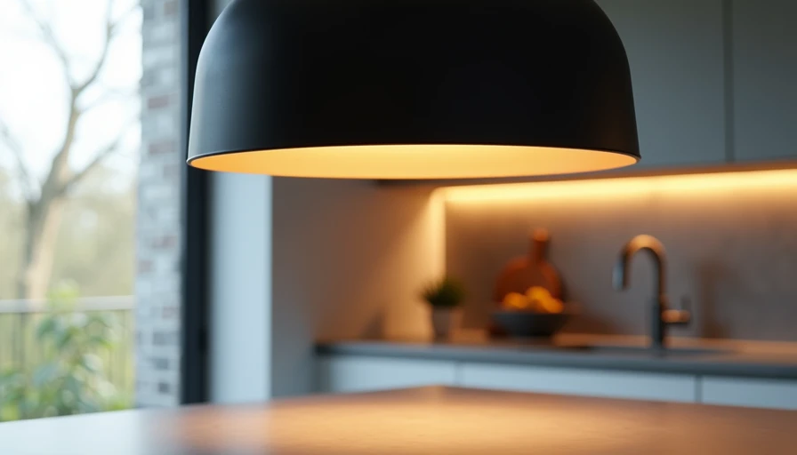 Matte black pendant light installed over kitchen peninsula showing warm glow