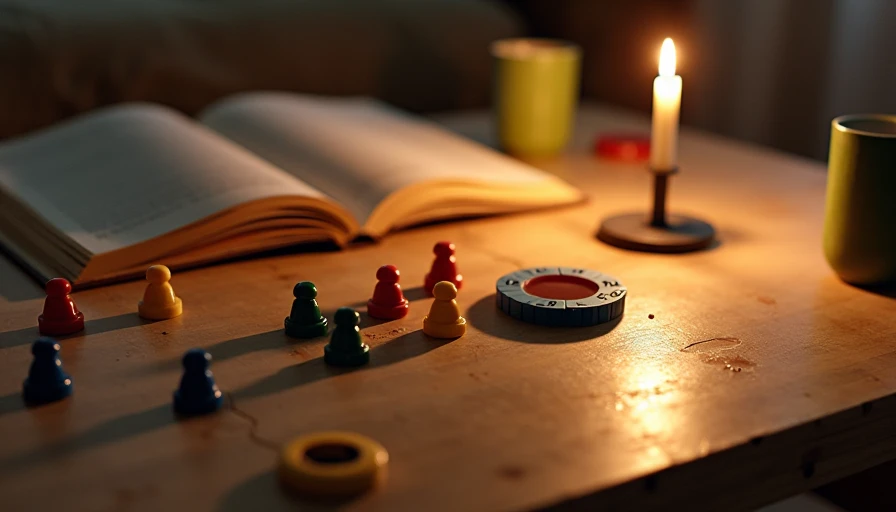 Plywood coffee table set up for family games by candlelight during renovation delay