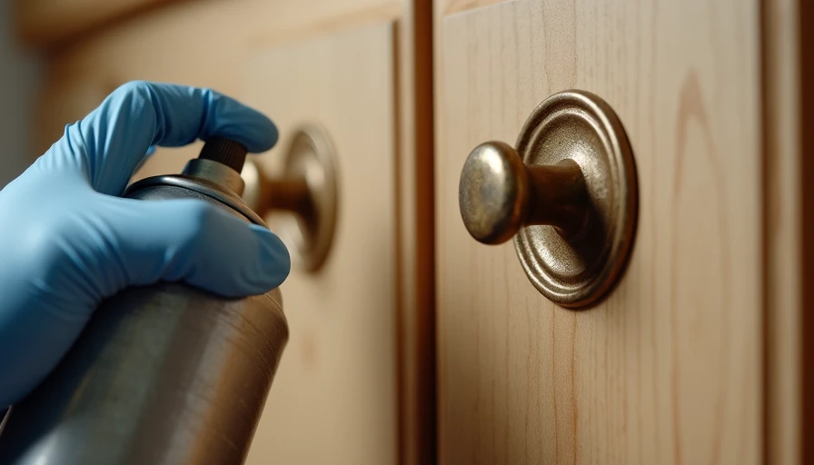 Applying antique bronze spray paint to brass cabinet pull during refinishing