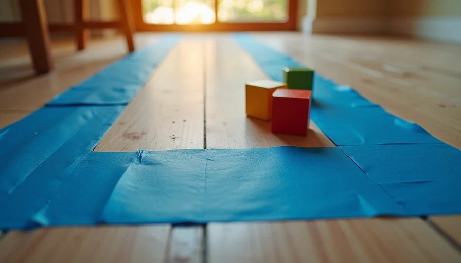Painter's tape marking out a kitchen layout on hardwood floor with wooden blocks inside - testing real family flow