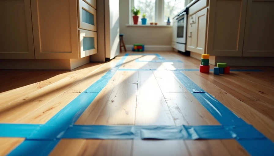 Painter's tape testing improved kitchen peninsula layout on hardwood floor with toys nearby