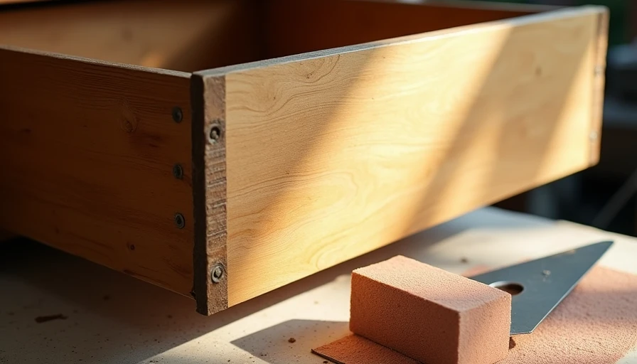 Mid-refinish close-up of dresser drawer being stripped and sanded showing wood grain