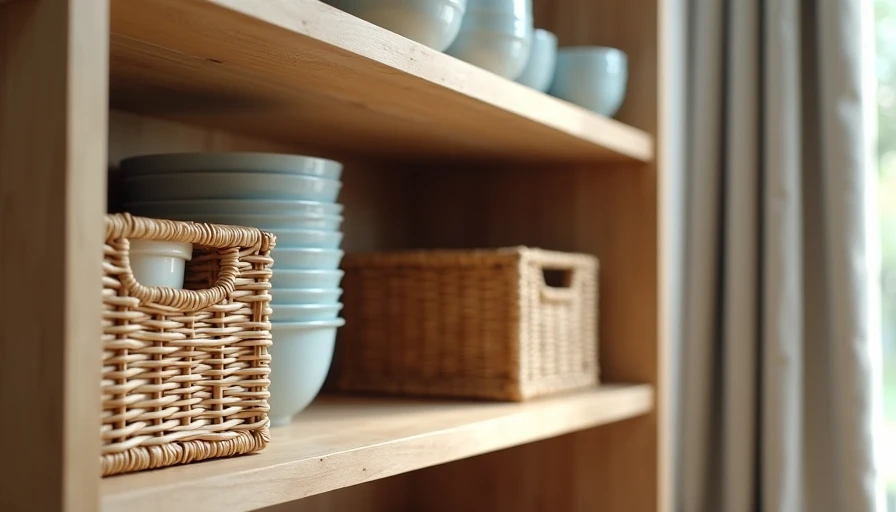 Adapted lower open shelves with baskets and curtain for toddler safety during renovation