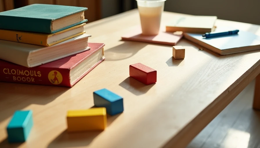 Close-up of plywood coffee table surface with children's books, toys and sippy cup showing daily family use