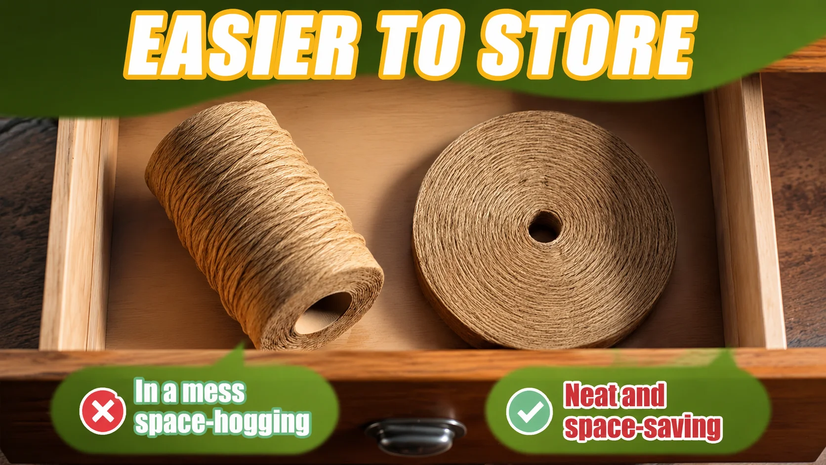 Space-saving flat jute twine roll versus messy cylinder twine roll inside a drawer