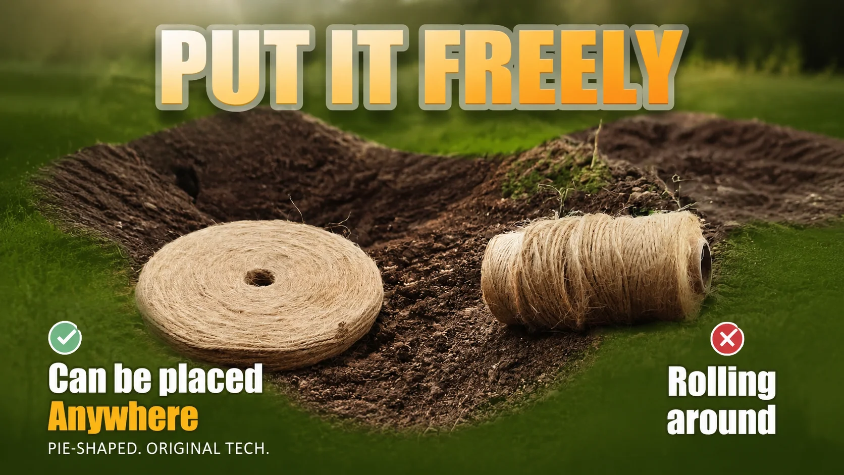 Pie-shaped flat jute twine roll compared with a rolling cylinder rope on the ground