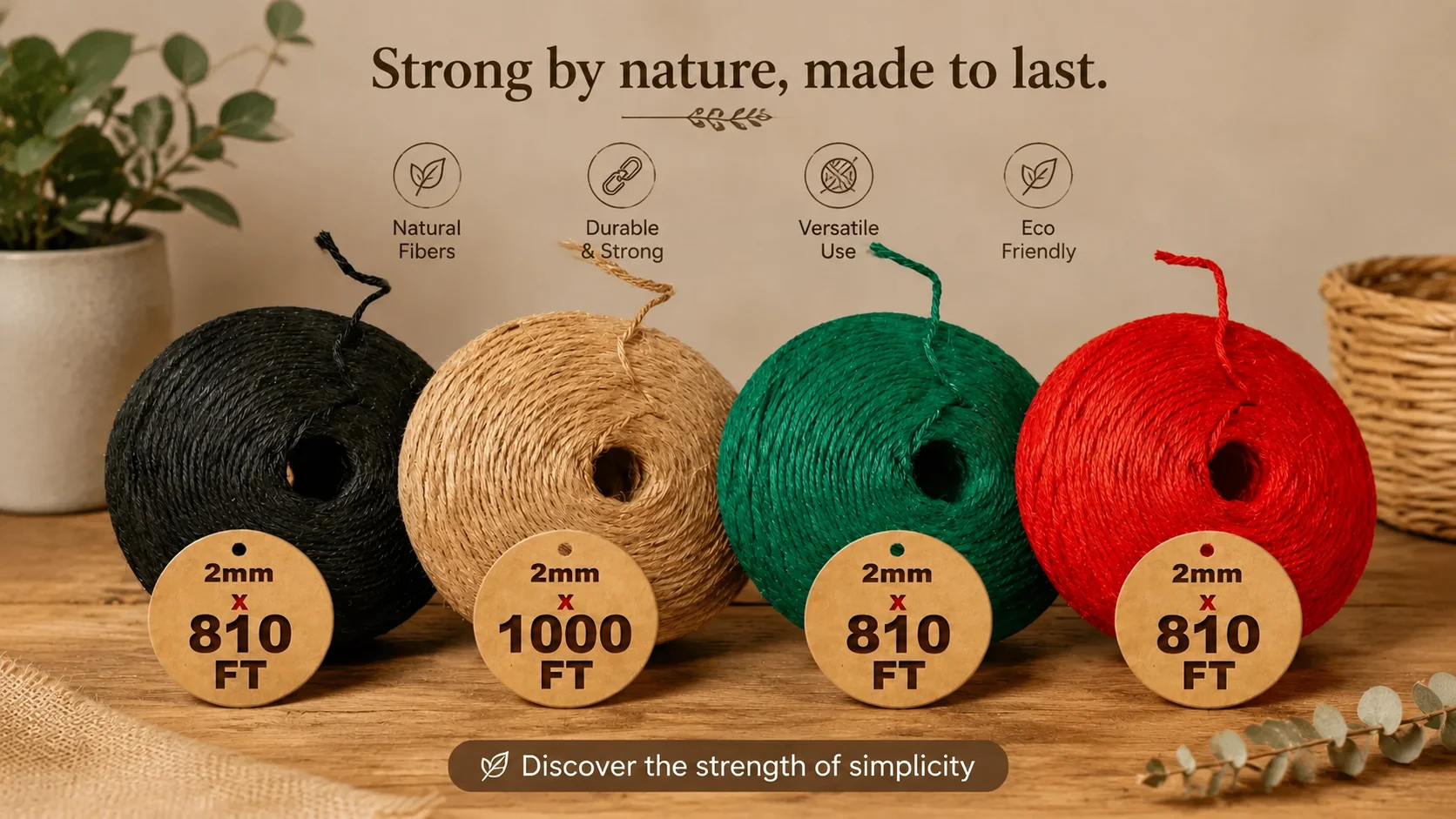 Natural fibers strong and eco-friendly colored jute twine rolls in black, brown, green, and red