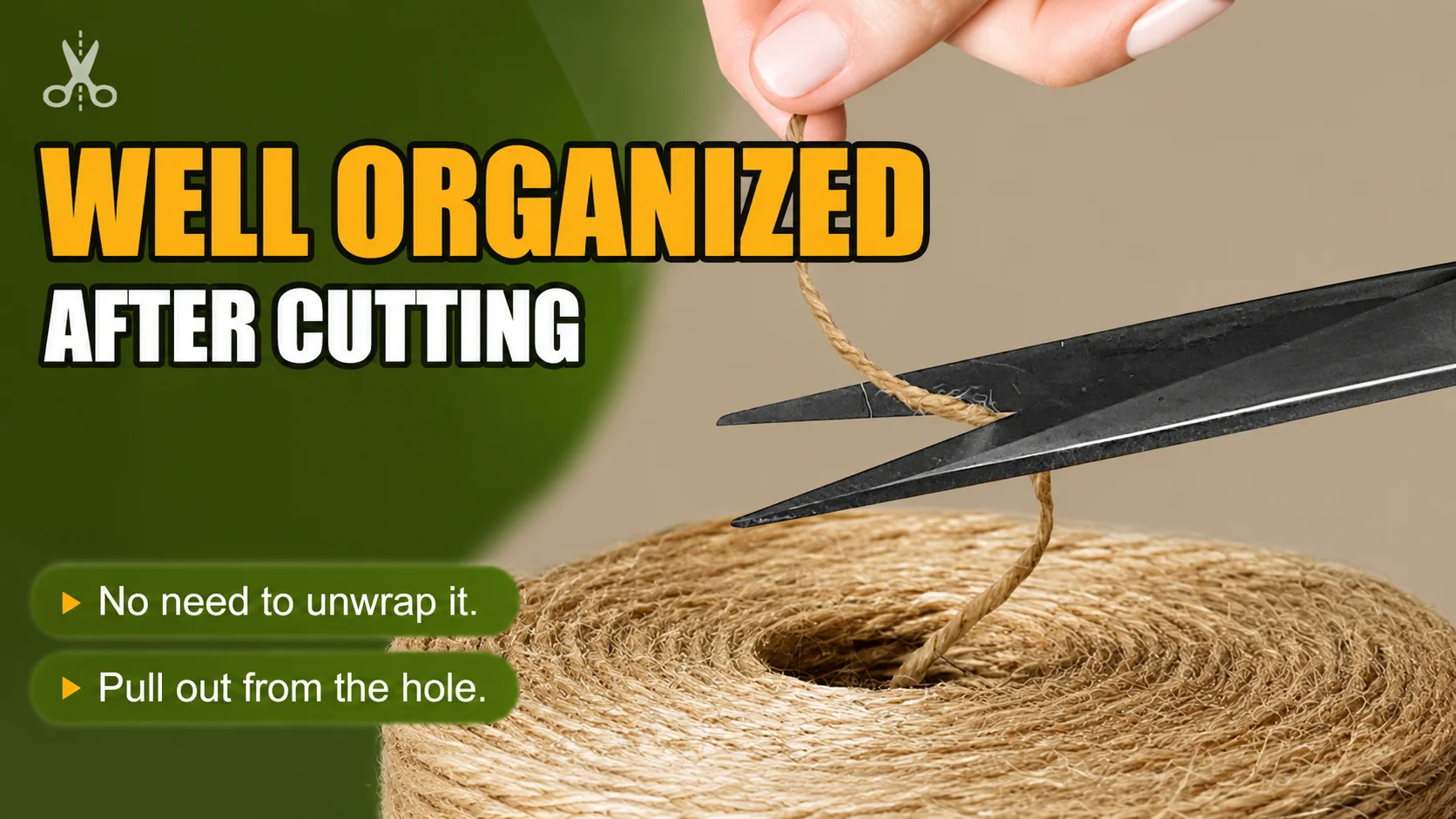 Cutting natural jute twine pulled out from the center hole with scissors