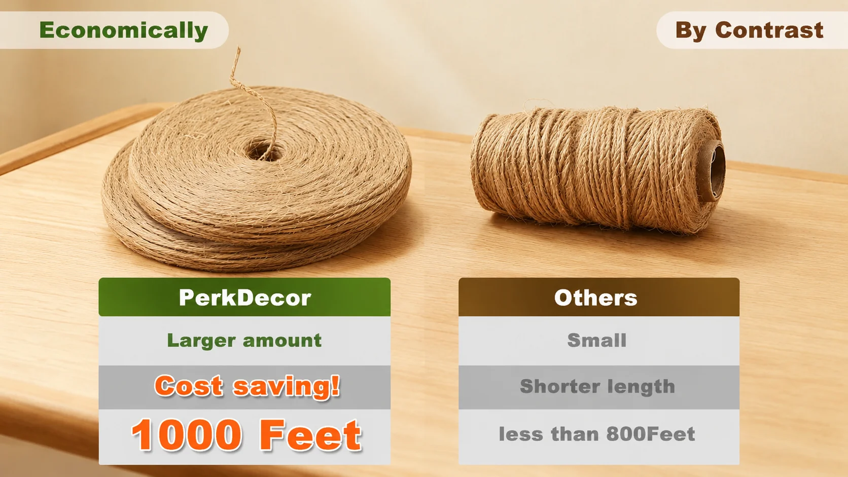 PerkDecor 1000 feet cost saving jute twine compared to shorter competing rope rolls