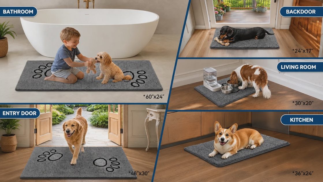 Dog mat size guide displaying 24x17 inch, 30x20 inch, 36x24 inch, 48x30 inch, and 60x24 inch for entryway, kitchen, and bathroom.