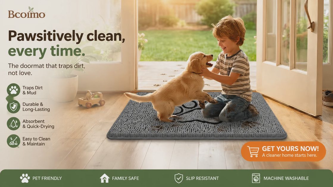 Bcoimo Pawsitively clean doormat banner featuring a boy playing with a golden retriever puppy and a Get Yours Now shop button.