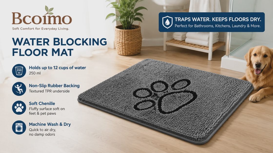 Bcoimo water blocking floor mat with non-slip TPR rubber backing and fluffy soft chenille for pet paws.