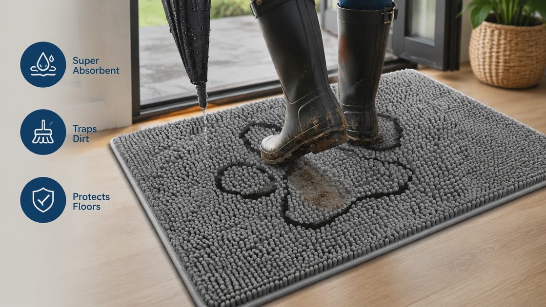 Super absorbent chenille doormat trapping dirt and water from rainy boots and wet umbrellas.
