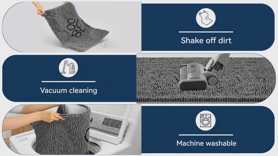 Easy cleaning dog doormat guide showing shake off dirt, vacuum cleaning, and machine washable steps.